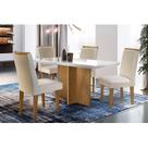 Conjunto: Mesa de Cozinha Berlim Tampo Madeirado c/ Vidro Canto Reto 120x80cm Canto Reto e 4 Cadeiras Lunara Capuccino/Suede Creme - Rufato