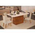 Conjunto: Mesa de Cozinha Canes c/ Tampo Madeirado c/ Vidro Curvo 170x90cm e 6 Cadeiras Jade Freijo/Off White - Linho Neve - DJ Móveis