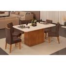 Conjunto: Mesa de Cozinha Canes c/ Tampo Madeirado c/ Vidro Curvo 170x90cm e 6 Cadeiras Ondina Freijo/Off White - Suede Moca - DJ Móveis