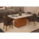 Conjunto: Mesa de Cozinha Canes c/ Tampo Madeirado c/ Vidro Curvo 170x90cm e 6 Cadeiras Stela Freijo/Off White - Ipe/Suede Moca - DJ Móveis