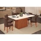 Conjunto: Mesa de Cozinha Canes c/ Tampo Madeirado c/ Vidro Curvo 170x90cm e 6 Cadeiras Zoe Freijo/Off White - Suede Moca - DJ Móveis
