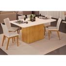 Conjunto: Mesa de Cozinha Canes Tampo Madeirado c/ Vidro Curvo 170x90cm e 6 Cadeiras Vitória Cedro/Off White - Ipe/Linho Neve - DJ Móveis