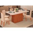 Conjunto: Mesa de Cozinha Canes Tampo Madeirado c/ Vidro Curvo 170x90cm e 6 Cadeiras Zoe Freijo/Off White - Suede Kraft - DJ Móveis