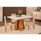 Conjunto: Mesa de Cozinha Celeste c/ Tampo Madeirado c/ Vidro Curvo 120x90cm e 4 Cadeiras Zoe Freijo/Off White - Suede Creme - DJ Móveis