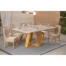 Conjunto: Mesa de Cozinha Celeste c/ Tampo Madeirado c/ Vidro Curvo 160x90cm e 6 Cadeiras Jade Cedro/Off White - Suede Kraft - DJ Móveis