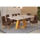 Conjunto: Mesa de Cozinha Celeste c/ Tampo Madeirado c/ Vidro Curvo 160x90cm e 6 Cadeiras Jade Cedro/Off White - Suede Moca - DJ Móveis