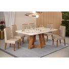 Conjunto: Mesa de Cozinha Celeste c/ Tampo Madeirado c/ Vidro Curvo 160x90cm e 6 Cadeiras Lia Freijo/Off White - Suede Kraft - DJ Móveis