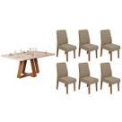 Conjunto: Mesa de Cozinha Celeste c/ Tampo Madeirado c/ Vidro Curvo 160x90cm e 6 Cadeiras Ondina Freijo/Off White - Linho Bege - DJ Móveis