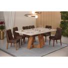 Conjunto: Mesa de Cozinha Celeste c/ Tampo Madeirado c/ Vidro Retangular 160x90cm e 6 Cadeiras Bia Freijo/Off White - Suede Moca - DJ Móveis