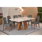 Conjunto: Mesa de Cozinha Celeste c/ Tampo Madeirado c/ Vidro Retangular 160x90cm e 6 Cadeiras Julia Freijo/Off White - Suede Lunar - DJ Móveis