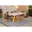 Conjunto: Mesa de Cozinha Celeste c/ Tampo Madeirado c/ Vidro Retangular 160x90cm e 6 Cadeiras Zoe Cedro/Off White - Suede Moca - DJ Móveis