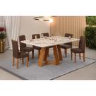 Conjunto: Mesa de Cozinha Celeste c/ Tampo Madeirado c/ Vidro Retangular 160x90cm e 6 Cadeiras Zoe Freijo/Off White - Suede Moca - DJ Móveis