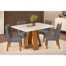 Conjunto: Mesa de Cozinha Celeste c/ Tampo Madeirado Curvo 120x90cm e 4 Cadeiras Bia Freijo/Quartzo - Suede Lunar - DJ Móveis