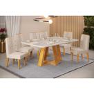 Conjunto: Mesa de Cozinha Celeste c/ Tampo Madeirado Retangular 170x90cm e 6 Cadeiras Lia Cedro/Quartzo - Linho Neve - DJ Móveis
