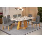 Conjunto: Mesa de Cozinha Celeste c/ Tampo Madeirado Retangular 170x90cm e 6 Cadeiras Lia Cedro/Quartzo - Suede Lunar - DJ Móveis