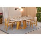 Conjunto: Mesa de Cozinha Celeste c/ Tampo Madeirado Retangular 170x90cm e 6 Cadeiras Talia Cedro/Quartzo - Suede Creme - DJ Móveis