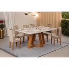 Conjunto: Mesa de Cozinha Celeste c/ Tampo Madeirado Retangular 170x90cm e 6 Cadeiras Zoe Freijo/Quartzo - Suede Creme - DJ Móveis