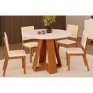 Conjunto: Mesa de Cozinha Celeste Tampo Madeirado c/ Vidro Redondo 103x103cm e 4 Cadeiras Talia Freijo/Off White - Suede Creme - DJ Móveis
