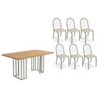 Conjunto: Mesa de Cozinha Duina c/ Tampo de Madeira 160cm e 6 Cadeiras Noruega Niquel/Freijo - Courano Bege - Kappesberg
