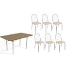 Conjunto: Mesa de Cozinha Elba c/ Tampo de Madeira 160cm e 6 Cadeiras Noruega Cromada/Nogueira - Courano Bege - Kappesberg Conjunto: Mesa de Cozinha Elba c/ Tampo de Madeira 160cm e 6 Cadeiras Noruega Cromada/Nogueira - Courano Bege - Kappesberg