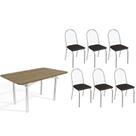Conjunto: Mesa de Cozinha Elba c/ Tampo de Madeira 160cm e 6 Cadeiras Noruega Cromada/Nogueira - Courano Preto - Kappesberg