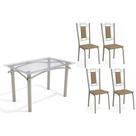 Conjunto: Mesa de Cozinha Elba c/ Tampo de Vidro 120cm e 4 Cadeiras Florença Niquel - Courano Capuccino - Kappesberg