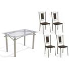 Conjunto: Mesa de Cozinha Elba c/ Tampo de Vidro 120cm e 4 Cadeiras Florença Niquel - Courano Marrom - Kappesberg