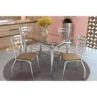 Conjunto: Mesa de Cozinha Elba c/ Tampo de Vidro 120cm e 4 Cadeiras Portugal Cromada - Corano Capuccino - Kappesberg