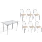 Conjunto: Mesa de Cozinha Elba c/ Tampo de Vidro 120cm e 6 Cadeiras Noruega Cromada - Courano Bege - Kappesberg Conjunto: Mesa de Cozinha Elba c/ Tampo de Vidro 120cm e 6 Cadeiras Noruega Cromada - Courano Bege - Kappesberg