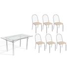Conjunto: Mesa de Cozinha Elba c/ Tampo de Vidro 150cm e 6 Cadeiras Noruega Cromada - Courano Bege - Kappesberg Conjunto: Mesa de Cozinha Elba c/ Tampo de Vidro 150cm e 6 Cadeiras Noruega Cromada - Courano Bege - Kappesberg