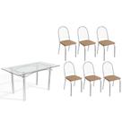 Conjunto: Mesa de Cozinha Elba c/ Tampo de Vidro 150cm e 6 Cadeiras Noruega Cromada - Courano Capuccino - Kappesberg Conjunto: Mesa de Cozinha Elba c/ Tampo de Vidro 150cm e 6 Cadeiras Noruega Cromada - Courano Capuccino - Kappesberg