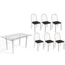Conjunto: Mesa de Cozinha Elba c/ Tampo de Vidro 150cm e 6 Cadeiras Noruega Cromada - Courano Preto - Kappesberg