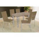 Conjunto: Mesa de Cozinha Elba Tampo Madeirado c/ Vidro 120cm e 6 Cadeiras Amsterdã Cromada/Freijo Bronze - Courano Capuccino - Kappesberg