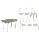 Conjunto: Mesa de Cozinha Elba Tampo Madeirado c/ Vidro 120cm e 6 Cadeiras Noruega Cromada/Freijo Bronze - Courano Bege - Kappesberg