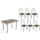 Conjunto: Mesa de Cozinha Elba Tampo Madeirado c/ Vidro 120cm e 6 Cadeiras Noruega Niquel/Freijo Bronze - Courano Marrom - Kappesberg