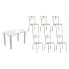 Conjunto: Mesa de Cozinha Elba Tampo Madeirado c/ Vidro 120cm e 6 Cadeiras Portugal Cromada/Off White - Courano Bege - Kappesberg Conjunto: Mesa de Cozinha Elba Tampo Madeirado c/ Vidro 120cm e 6 Cadeiras Portugal Cromada/Off White - Courano Bege - Kappesberg