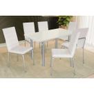Conjunto: Mesa de Cozinha Elba Tampo Madeirado c/ Vidro 160cm e 6 Cadeiras Amsterdã Cromada/Off White - Courano Branco - Kappesberg