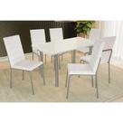 Conjunto: Mesa de Cozinha Elba Tampo Madeirado c/ Vidro 160cm e 6 Cadeiras Amsterdã Niquel/Off White - Courano Branco - Kappesberg Conjunto: Mesa de Cozinha Elba Tampo Madeirado c/ Vidro 160cm e 6 Cadeiras Amsterdã Niquel/Off White - Courano Branco - Kappesberg
