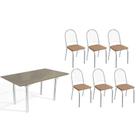 Conjunto: Mesa de Cozinha Elba Tampo Madeirado c/ Vidro 160cm e 6 Cadeiras Noruega Cromada/Freijo Bronze - Courano Capuccino - Kappesberg Conjunto: Mesa de Cozinha Elba Tampo Madeirado c/ Vidro 160cm e 6 Cadeiras Noruega Cromada/Freijo Bronze - Courano Capuccino - Kappesberg