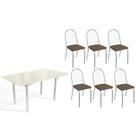 Conjunto: Mesa de Cozinha Elba Tampo Madeirado c/ Vidro 160cm e 6 Cadeiras Noruega Cromada/Off White - Courano Marrom - Kappesberg Conjunto: Mesa de Cozinha Elba Tampo Madeirado c/ Vidro 160cm e 6 Cadeiras Noruega Cromada/Off White - Courano Marrom - Kappesberg
