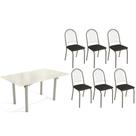 Conjunto: Mesa de Cozinha Elba Tampo Madeirado c/ Vidro 160cm e 6 Cadeiras Noruega Niquel/Off White - Courano Preto - Kappesberg