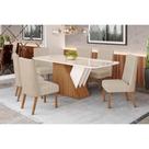 Conjunto: Mesa de Cozinha Épic SC24 Tampo Madeirado c/ Vidro Canto Curvo 160x90cm e 6 Cadeiras Anne Nature/Courano/Creme - Henn
