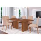 Conjunto: Mesa de Cozinha Ester Tampo Madeirado 180x90cm e 6 Cadeiras Fernanda Cinamomo - Carvalho/Suede Nude Bege - Cimol