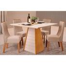 Conjunto: Mesa de Cozinha Fler Tampo Madeirado c/ Vidro 90x90cm e 4 Cadeiras Jade Cedro/Off White - Suede Kraft - DJ Móveis