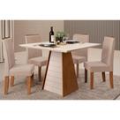 Conjunto: Mesa de Cozinha Fler Tampo Madeirado c/ Vidro 90x90cm e 4 Cadeiras Zoe Freijo/Off White - Suede Creme - DJ Móveis