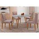 Conjunto: Mesa de Cozinha Havana Tampo c/ Vidro Curvo 120cm+4 Cadeiras Pietá Madeira Naturale/Off White - Capuccino/Linho Capuccino - Rufato