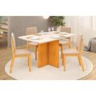 Conjunto: Mesa de Cozinha Hera c/ Tampo Madeirado c/ Vidro Reto 120x90cm e 4 Cadeiras Talia Cedro/Off White - Suede Creme - DJ Móveis
