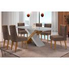 Conjunto: Mesa de Cozinha Imperatriz c/ Tampo Madeirado c/ Vidro Canto Curvo 180X90cm e 6 Cadeiras Dafne Naturale/Off White - Suede Marrom - Rufato