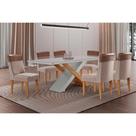 Conjunto: Mesa de Cozinha Imperatriz c/ Tampo Madeirado c/ Vidro Canto Curvo 180X90cm e 6 Cadeiras Jaspe Naturale/Off White - Suede Capuccino - Rufato