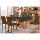 Conjunto: Mesa de Cozinha Imperatriz Tampo Madeirado c/ Vidro Canto Curvo 180x90 e 6 Cadeiras Jade Imbuia/Grafite - Suede Marrom - Rufato